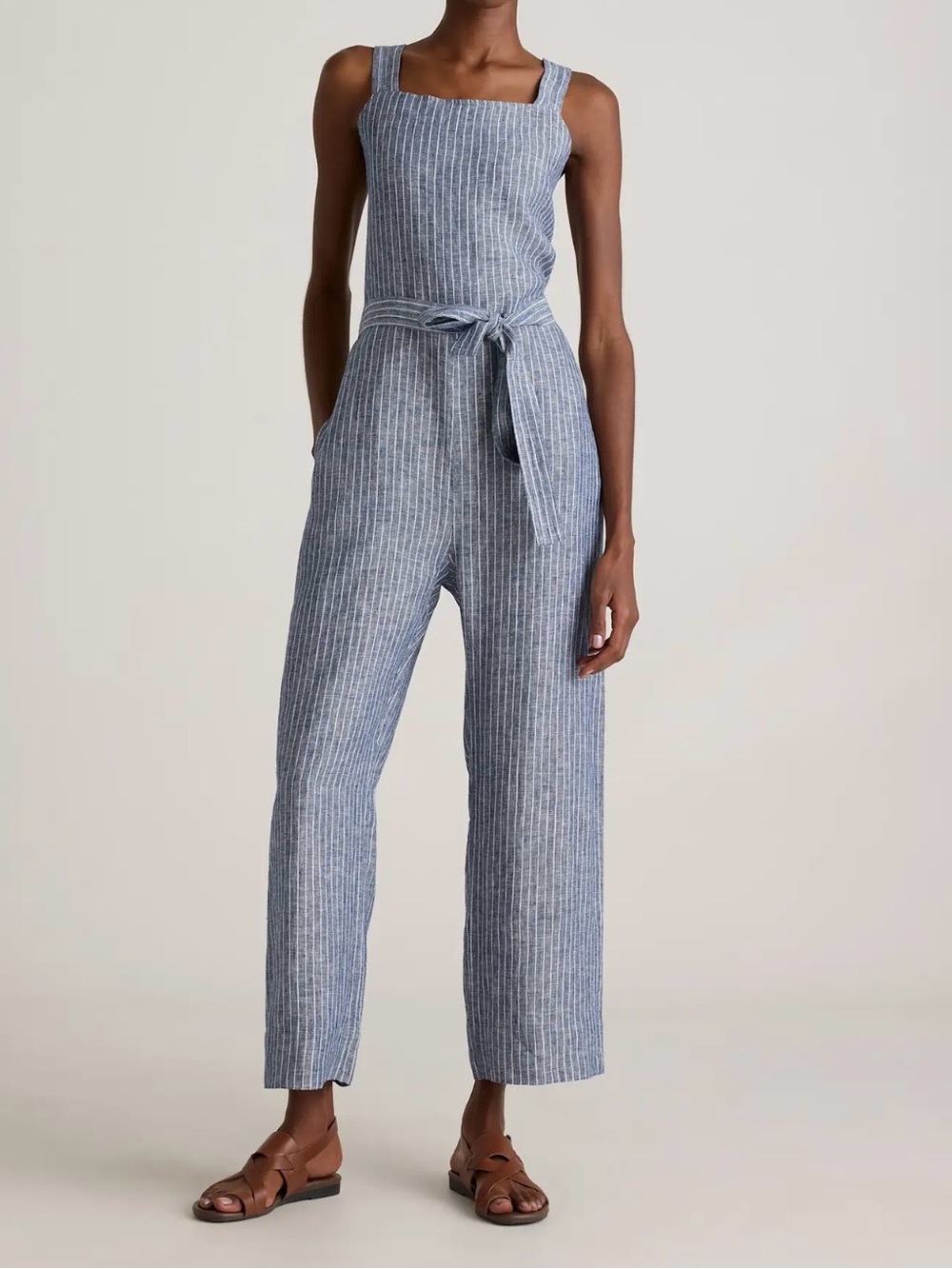 Quince Blue & White Striped Linen-Blend Sleeveless Jumpsuit with Tie Waist